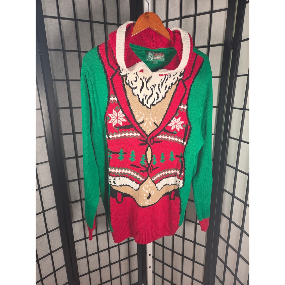 Ugly Christmas Sweater Co Santa Hairy Chest Hooded Knit Sweater Green Red XL